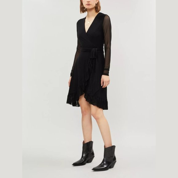 Ganni Women's Black Addison Ruffle Dot Mesh Wrap Dress - Picture 2 of 16